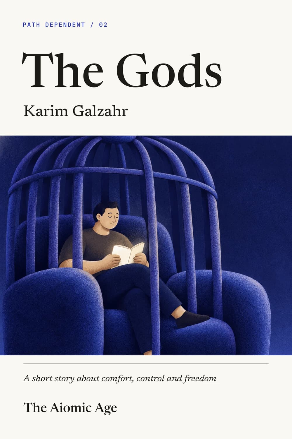 The Gods by Karim Galzahr. A man holds an open notebook inside a blue armchair shaped like a cage.