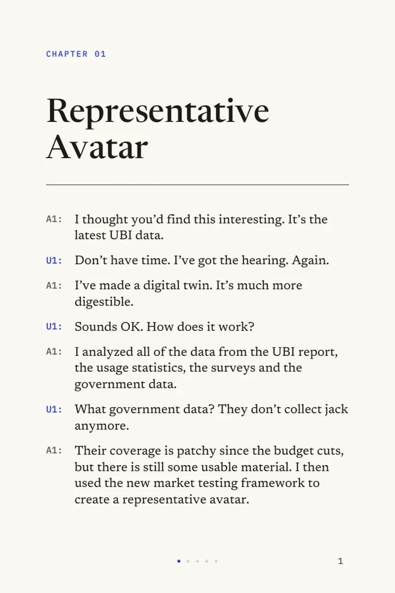 The opening page of Representative Avatar, a conversation between U1 and agent A1 about an Ordinary Joe digital twin.