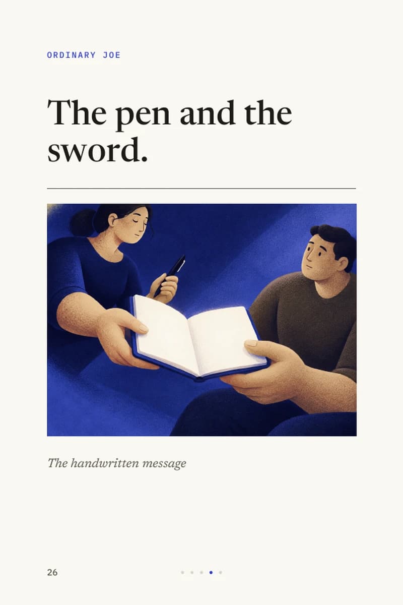 The pen and the sword, illustrated with a woman passing an open paper notebook to a man.