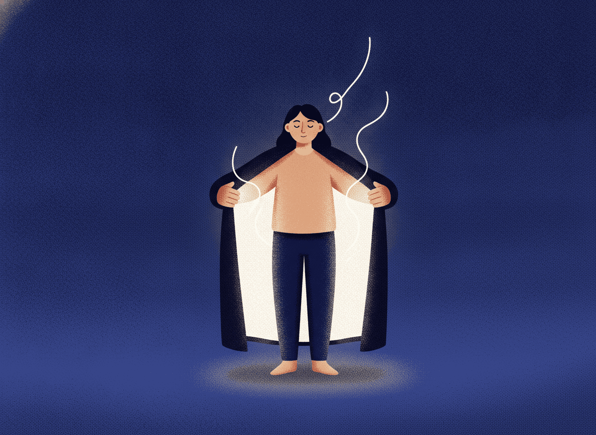 A figure opens a long coat like double doors; light and ribbons of speech rise from within.