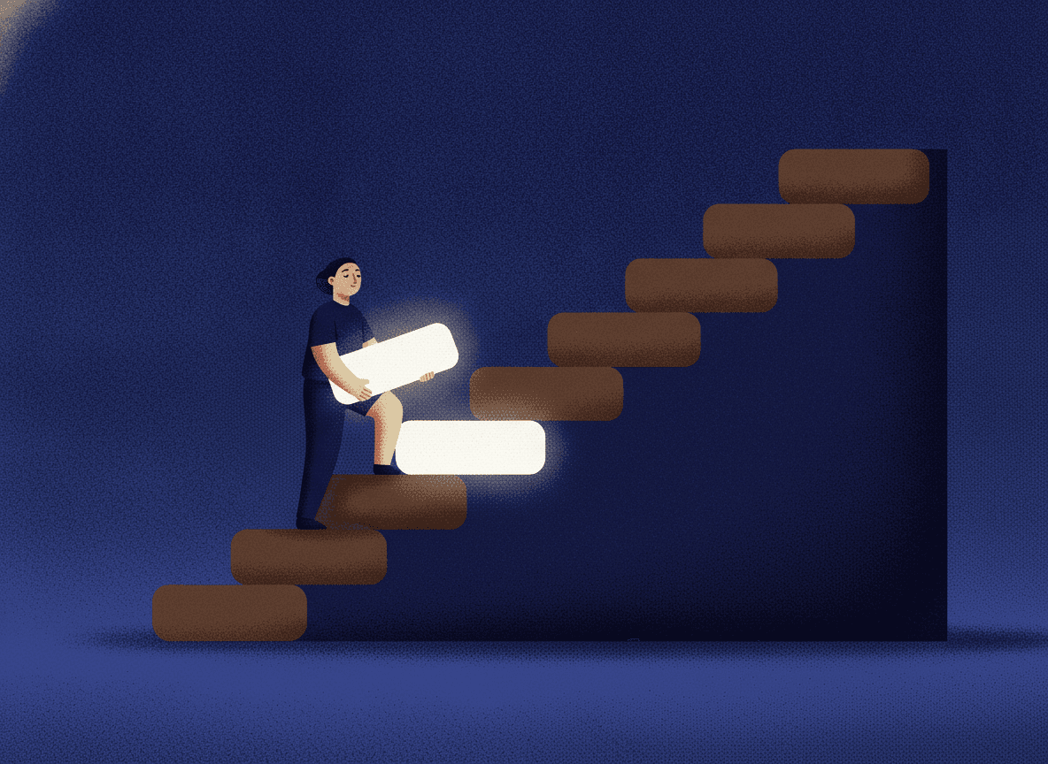 A staircase missing its next steps; a figure carries a single lit step to set into the gap.