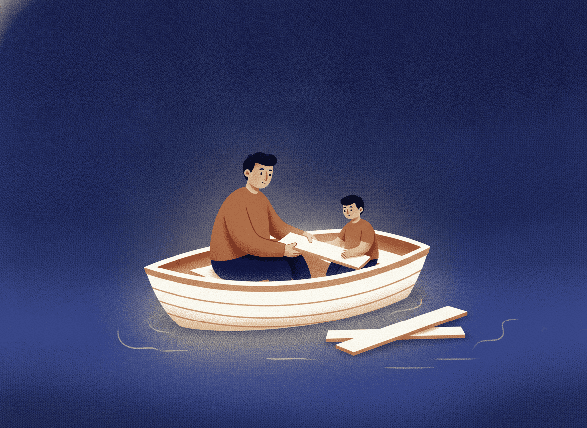 A parent and child build a small lit boat together as water rises around it.