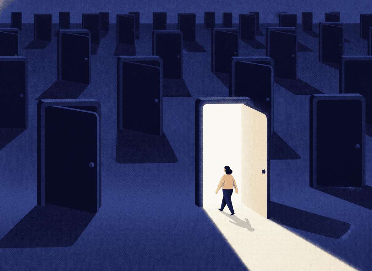 A field of dark doors at dusk; one stands open and lit, and a figure walks towards it.
