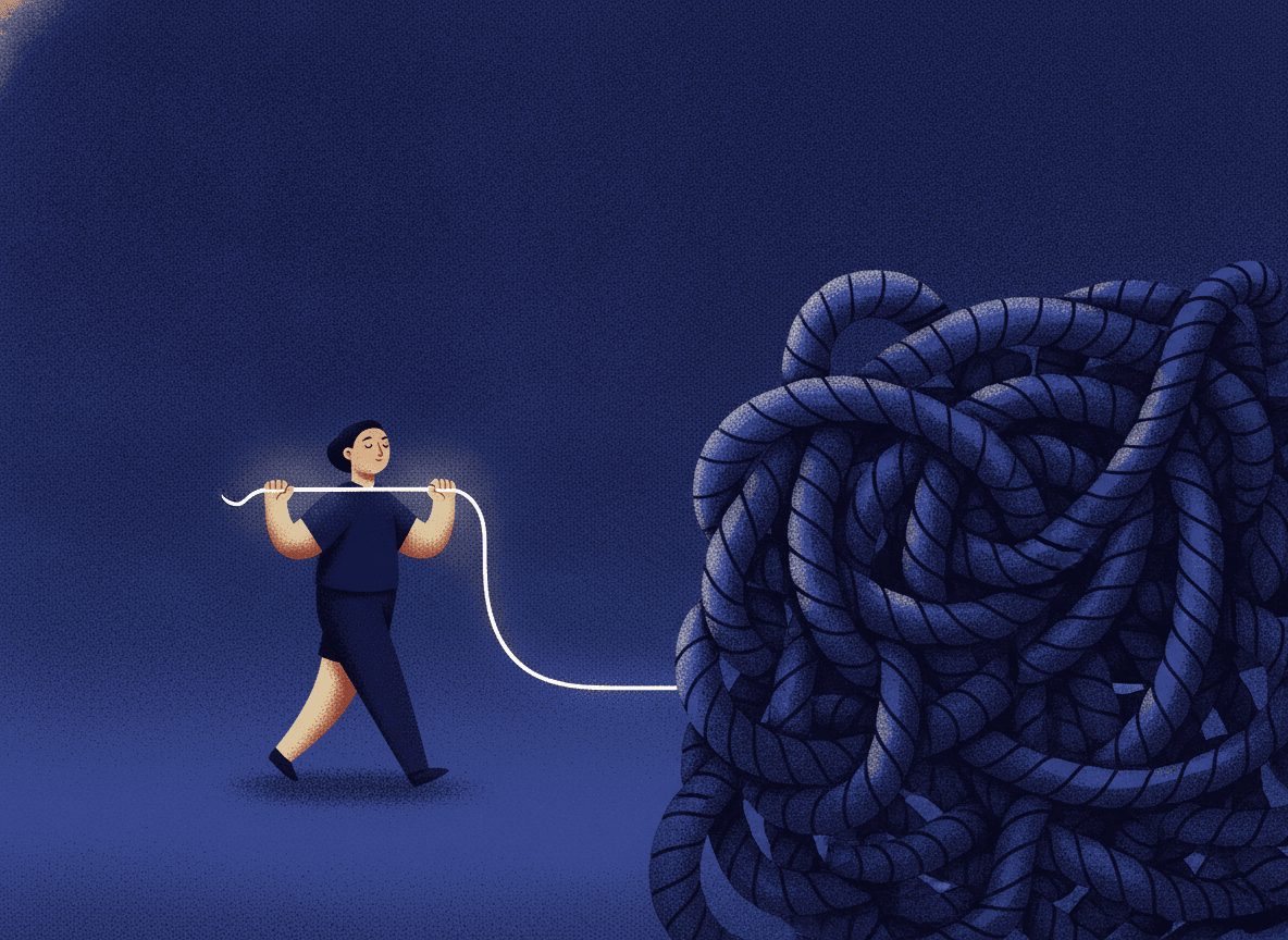 A figure walks away from a tangle of rope, pulling one straight lit thread from it.
