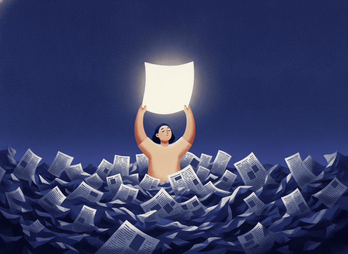 A figure waist-deep in a sea of newspaper waves lifts one glowing page overhead.