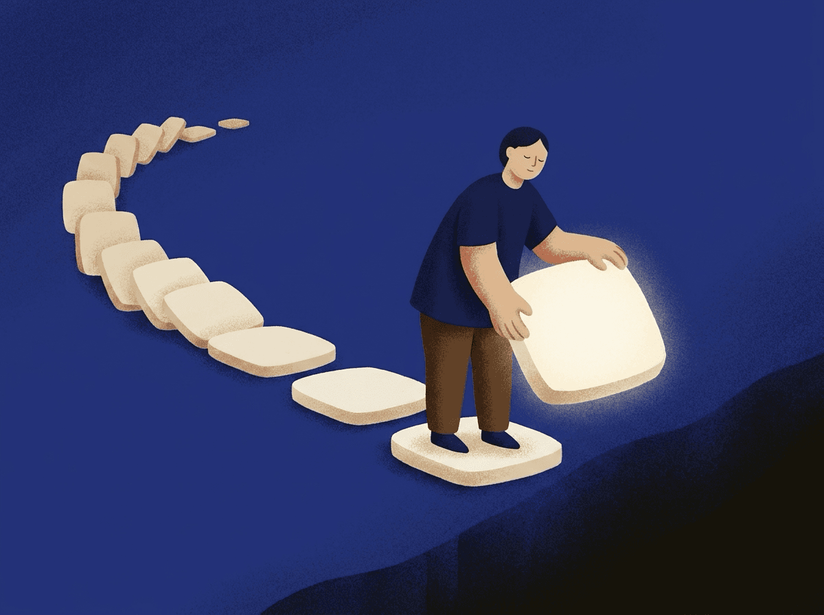 A figure crossing a dark plain lowers a glowing pale stone into place in front of themselves; behind them, every stone they have already crossed has tipped up on edge and fallen away.