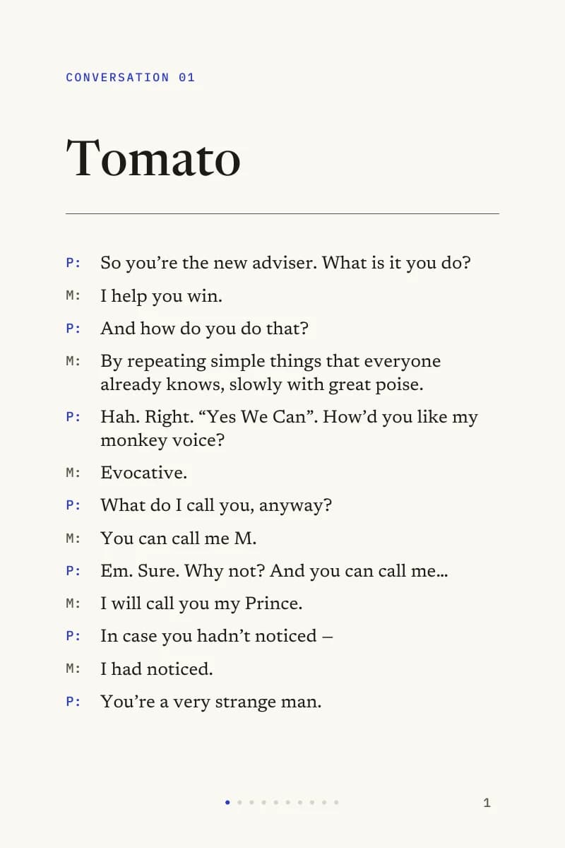 The opening page of Tomato, showing the dialogue between the leader and her new adviser.