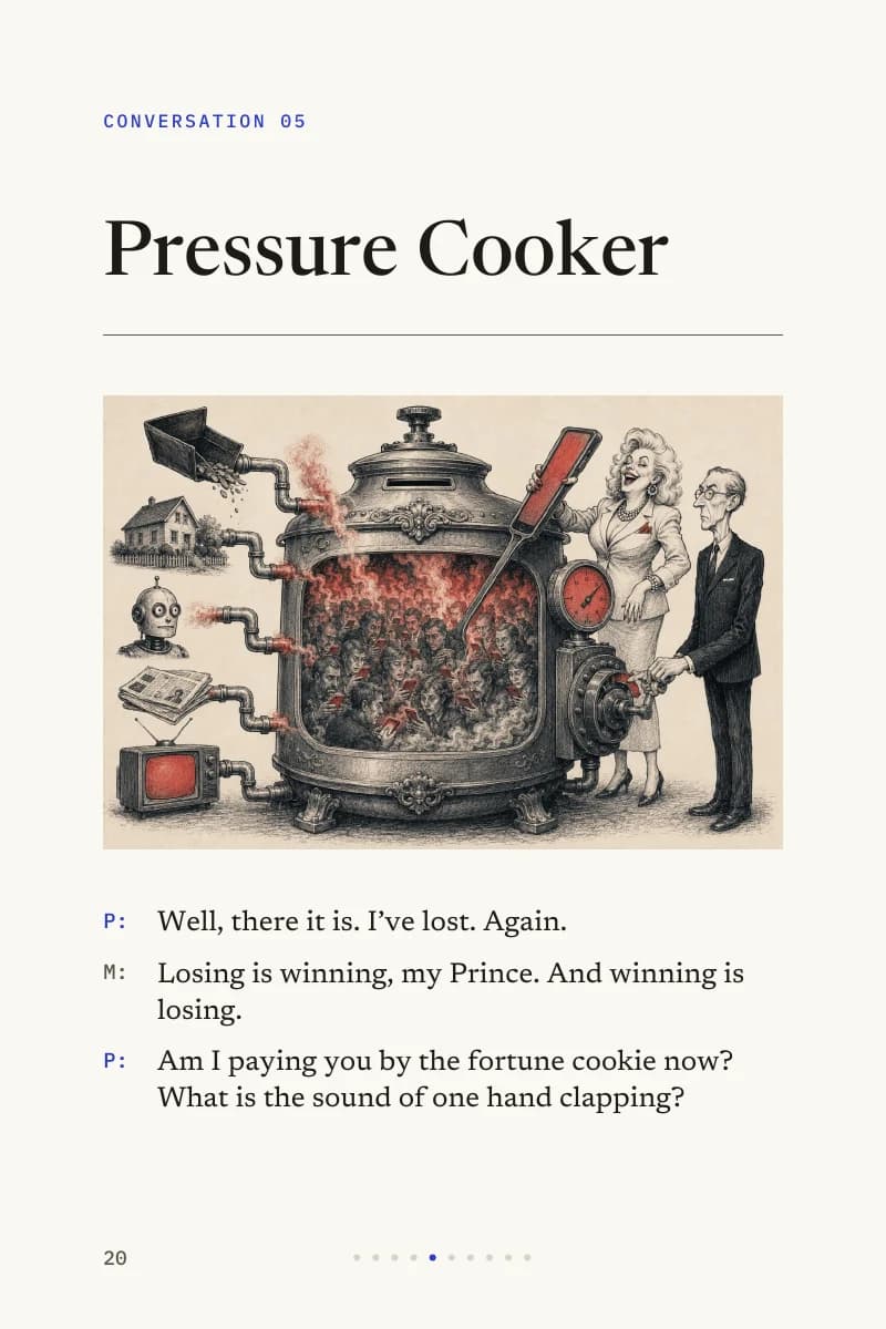 Pressure Cooker, with Karim Galzahr’s illustration of a machine fed by housing, robots and the media.