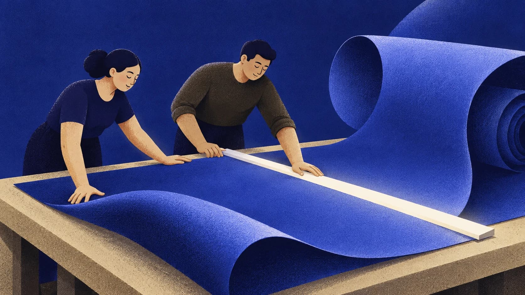 Two colleagues check an oversized blue sheet against a bright straightedge at a workbench.