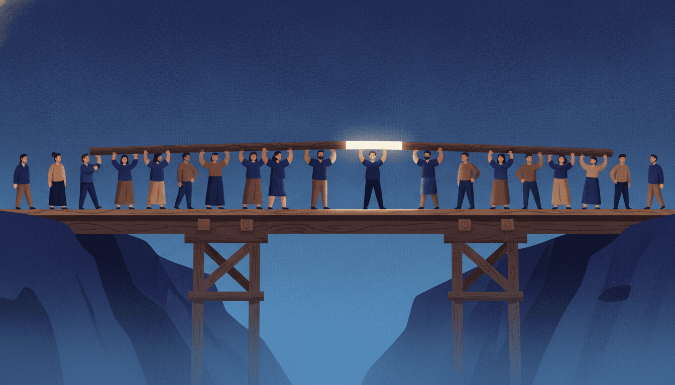 People carry one beam along an unfinished bridge; the span between two of them is lit.